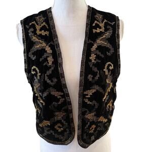 ZARA Velvet Beaded Metallic Vest Black Gold Gunmetal S